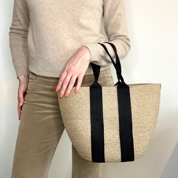 Taske i jute "Nora" med sorte hndtag, natur, medium (h24xl34xb14)