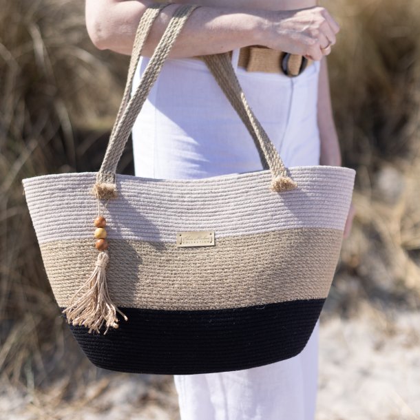 Taske i jute og 2-farvet bomuldsgarn "Trio", natur, stor (h27xl43xb13)