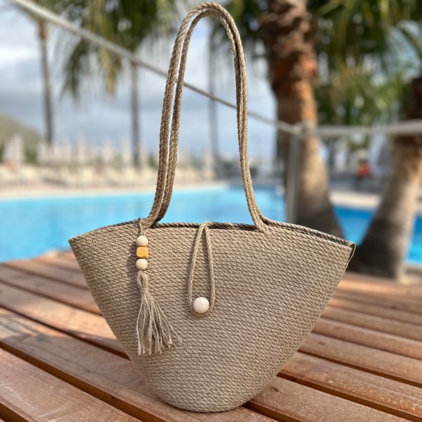 Taske i jute med trkugle lunkning "Sandra", natur (h25xl38xb9)