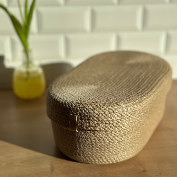Stor jute kurv med lg  hndlavet og alsidig, natur (h12xL35xB20)