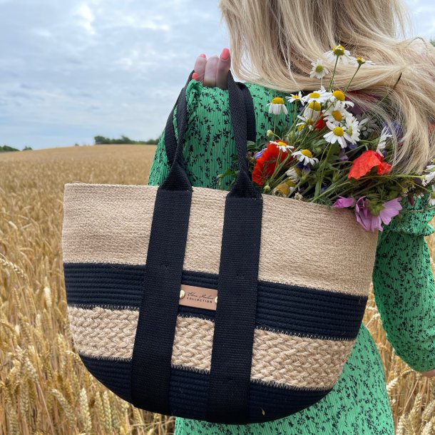 Taske i jute og sort bomuldsgarn "Safari", natur, medium (h24xl36xb16)