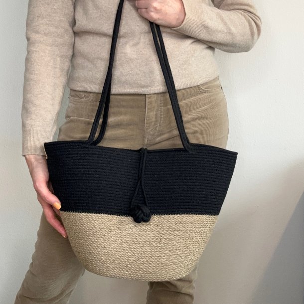 Taske i jute og sort flettet bomuldsgarn "Duet", natur, medium (h24xl28xb11)